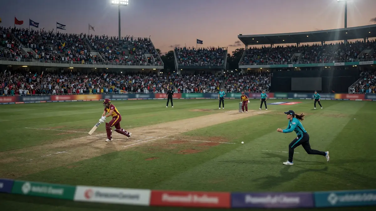 Wide afternoon view of a packed cricket ground with the square set for a women's Hundred fixture, crowd tiers rising behind the boundary and field staff near the rope