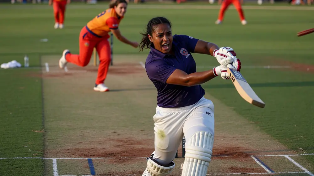 Women's cricket batter in coloured kit drives through the off side during a day match, with the bowler following through and the infield watching the ball