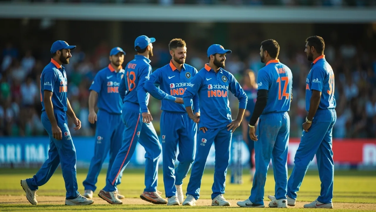 Players in India training gear talk near the boundary rope while teammates gather kit and cones during a tactical practice session on a green outfield under afternoon sun