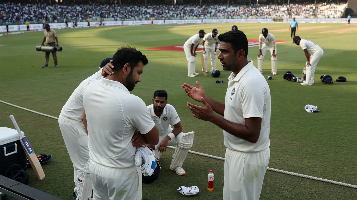 India players in white kits talk near the boundary rope while teammates stretch and gather equipment on a green outfield with a crowd in the stands
