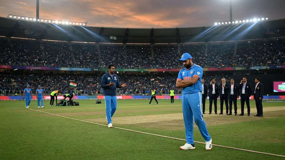 India batter in blue ODI kit stands arms crossed on the outfield at dusk while a teammate approaches and a packed stadium crowd fills the stands