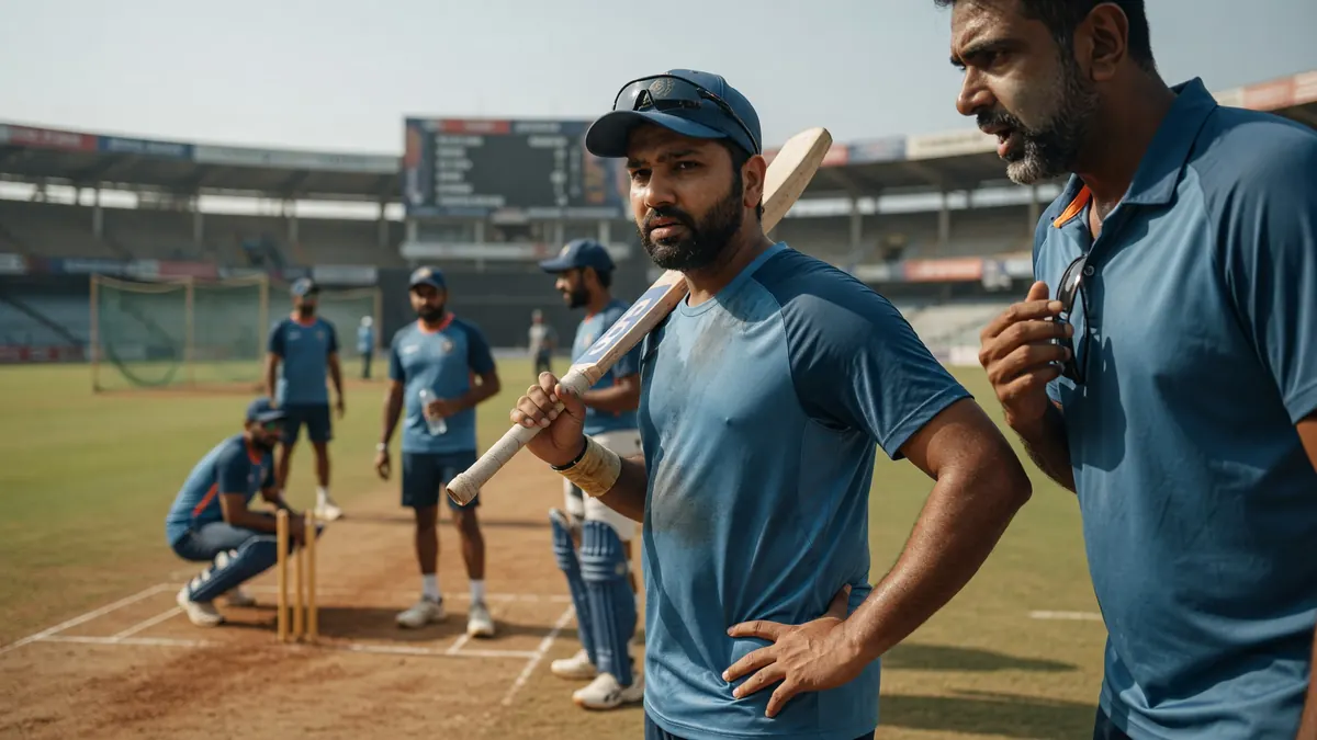 India batter in a blue training shirt rests a bat on his shoulder while speaking with a coach on a sunlit practice ground near the pitch